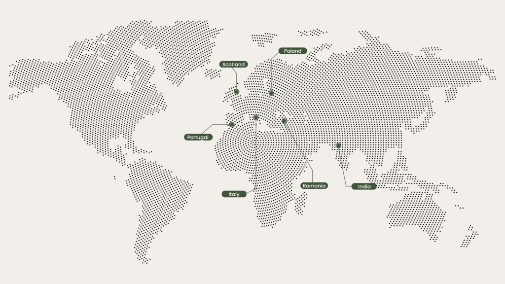 World map showing Olivine’s destination wedding photography locations in Poland, Scotland, Finland, India, and Denmark